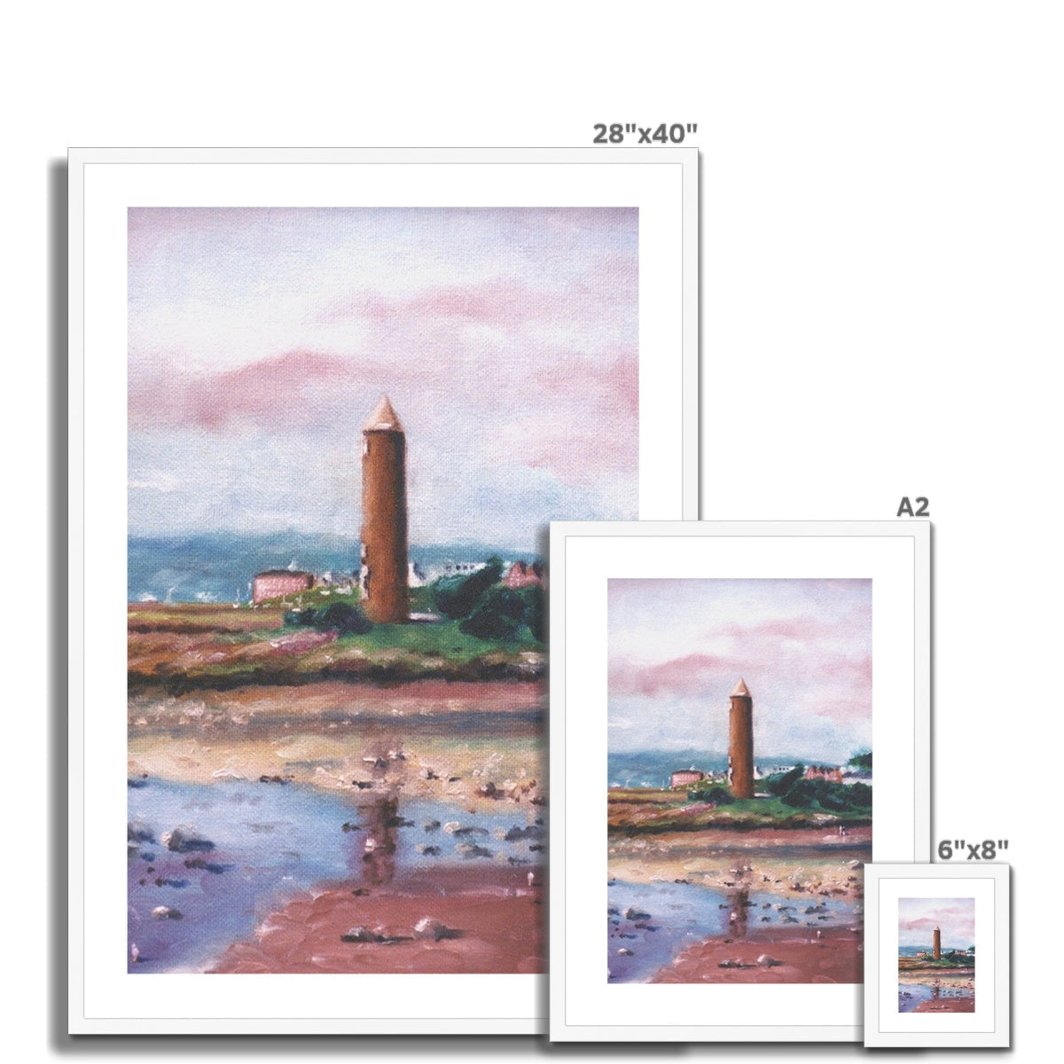 28x40 Framed Pencil Point Largs Lighthouse Painting White Frame
