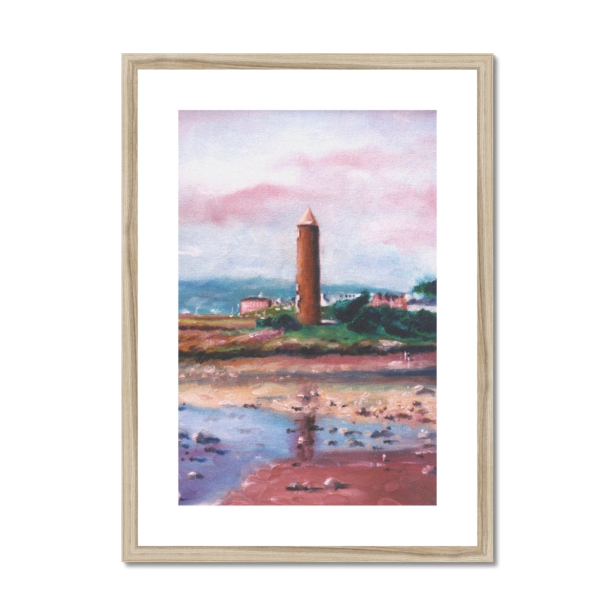 Wooden framed watercolor lighthouse beach art print by Pencil Point Largs