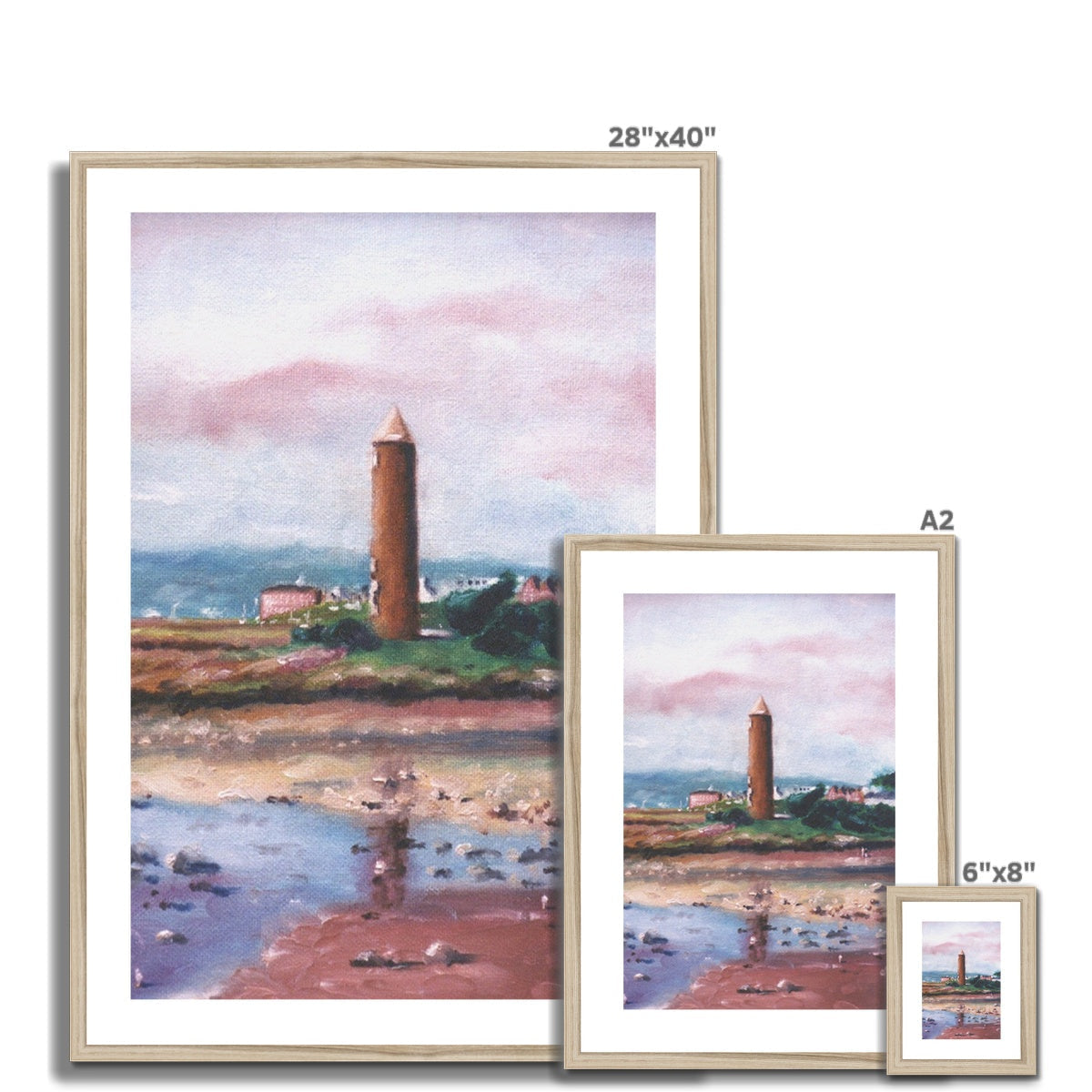 28x40 Framed Pencil Point Largs Lighthouse Painting in Beige Pastel
