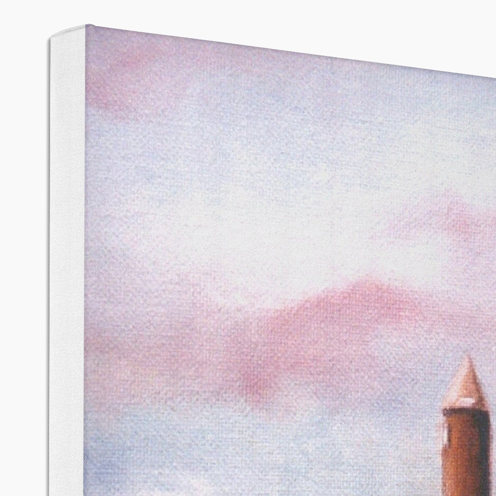 Canvas print of Pencil Point Largs lighthouse in pink and blue hues with white top