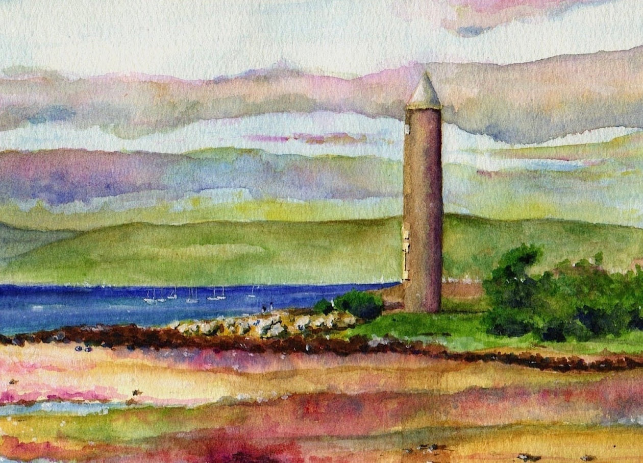Watercolor painting of a round tower from Pencil Point Largs Original Painting