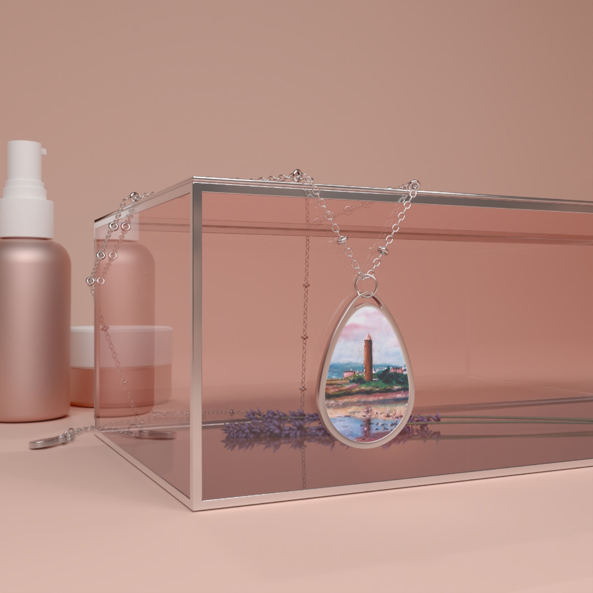 Silver teardrop pendant with colorful Lighthouse scene in Necklace Pencil Point Largs Scottish Jewellery