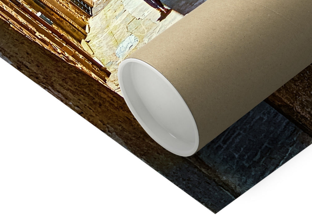 Perugia backstreets fine art print of brown cardboard tube with white interior on textured surface