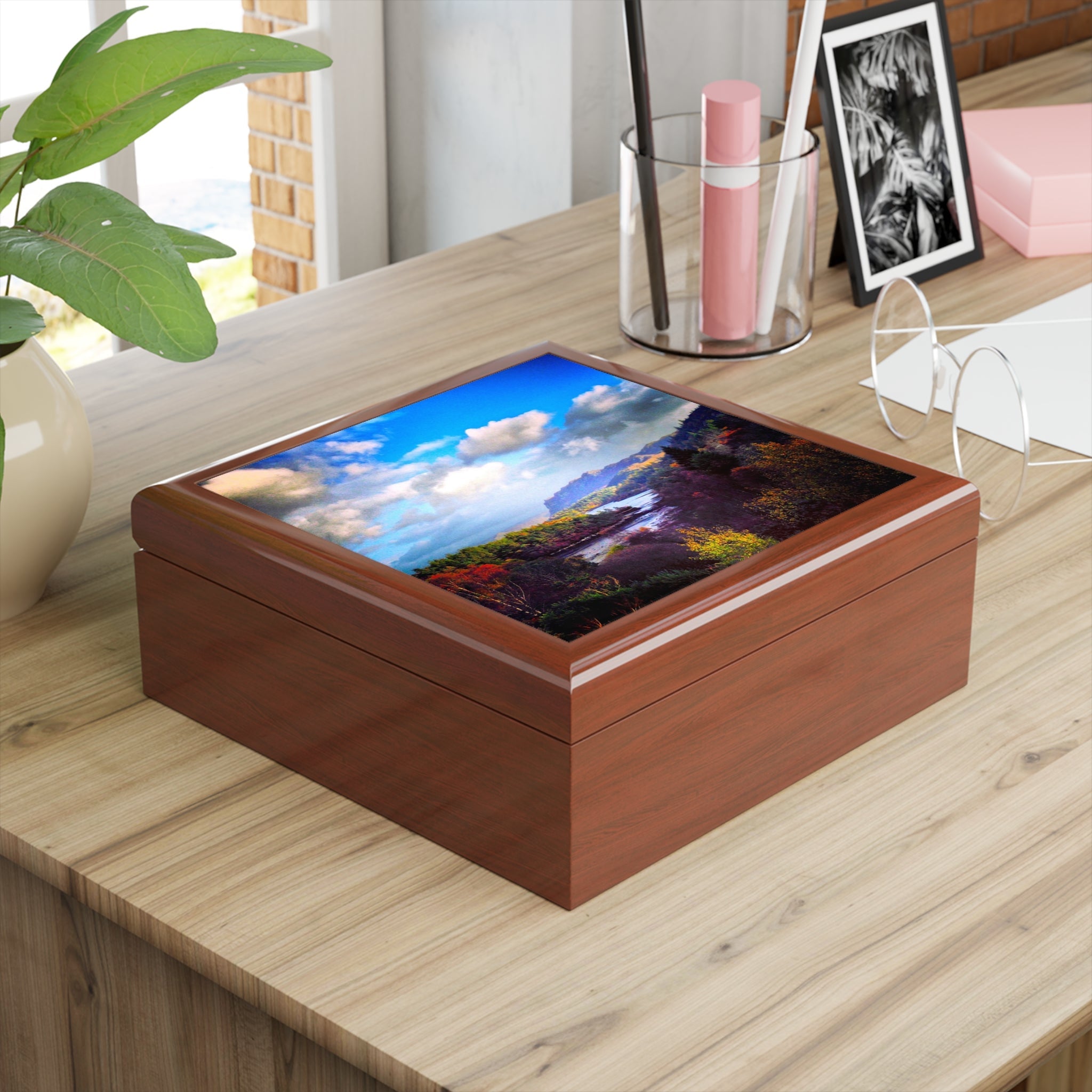 Rectangular wooden keepsake box with vibrant nature scene on lid from Plockton Art Jewellery Box Scotland