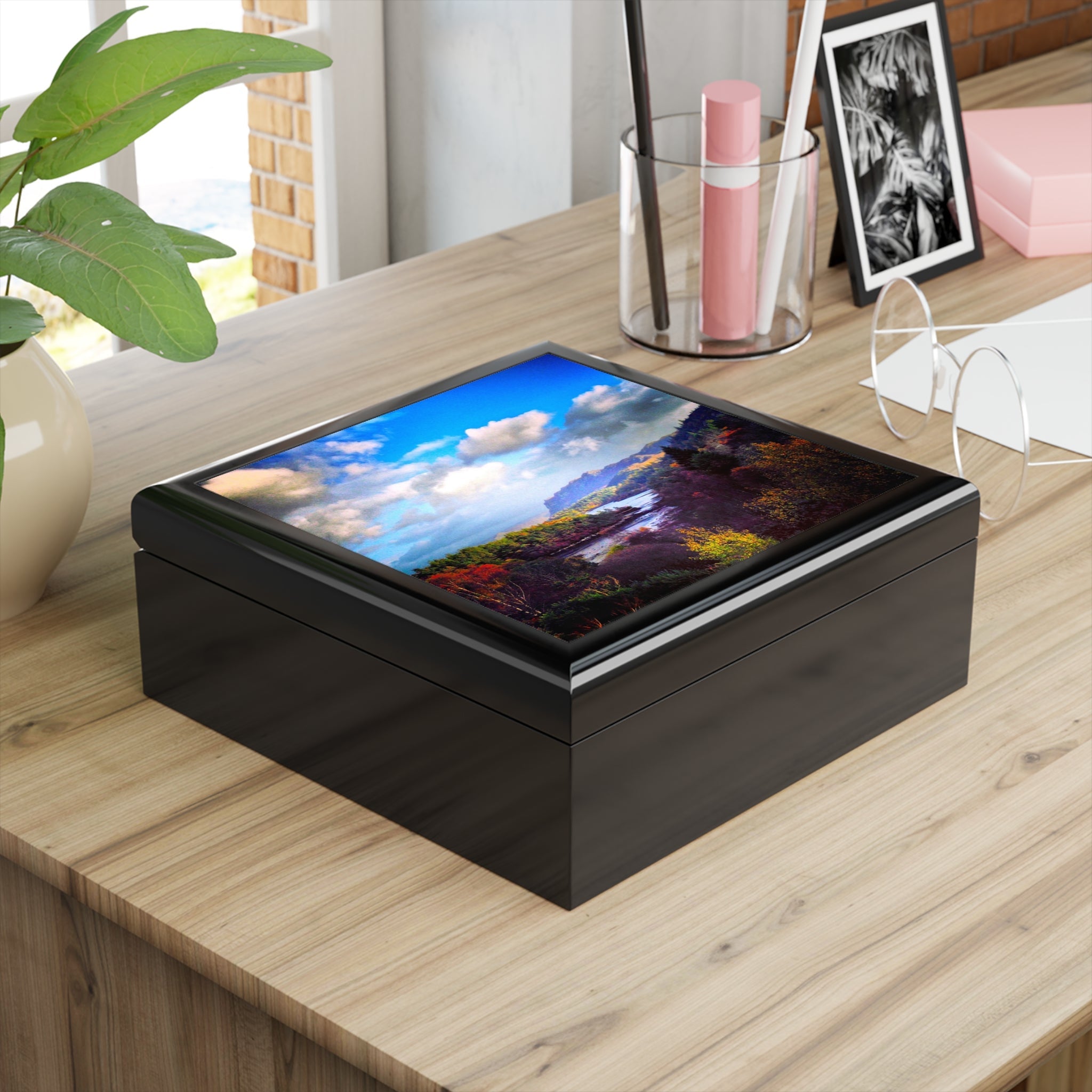 Black wooden jewelry box with colorful nature scene lid from Plockton Art Jewellery Box Scotland