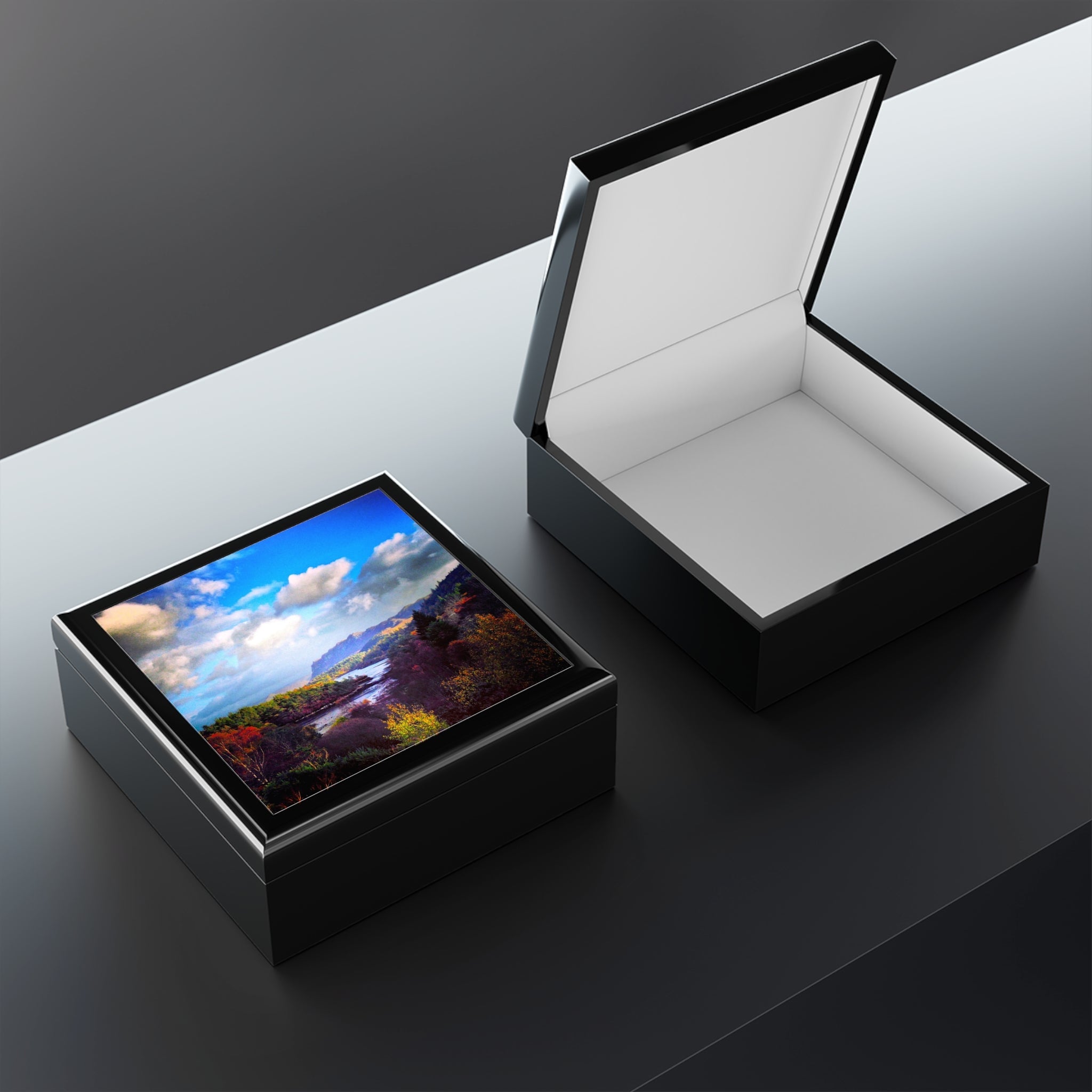 Plockton Art Jewellery Box Scotland with landscape lid and white interior keepsake box