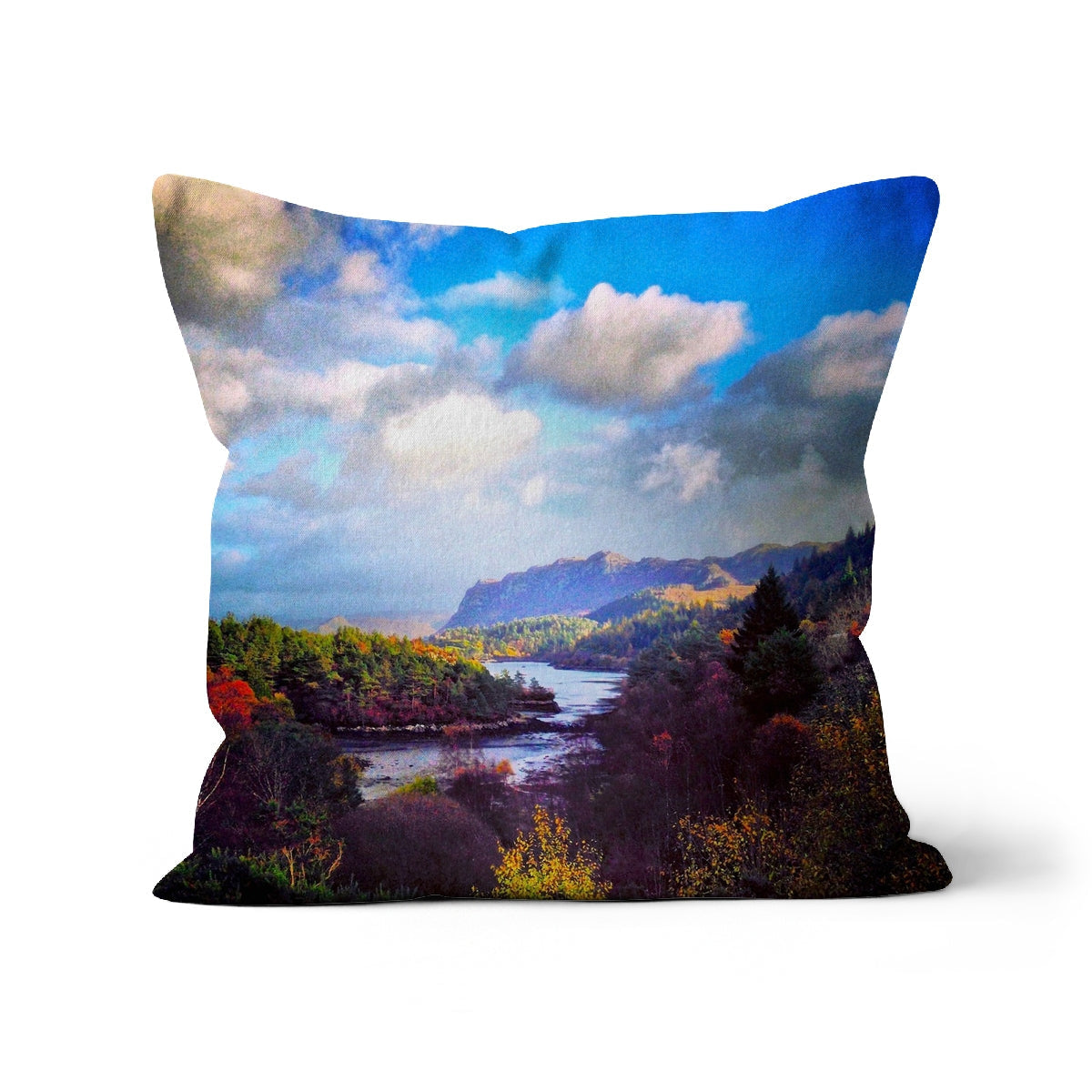 18x18 inch Plockton Cushion with vibrant autumn trees in orange and yellow
