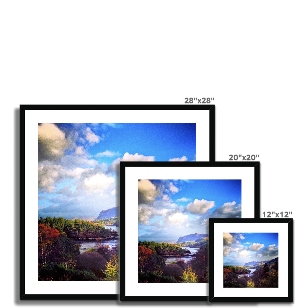 28x28 inch black framed Plockton landscape print with white mat