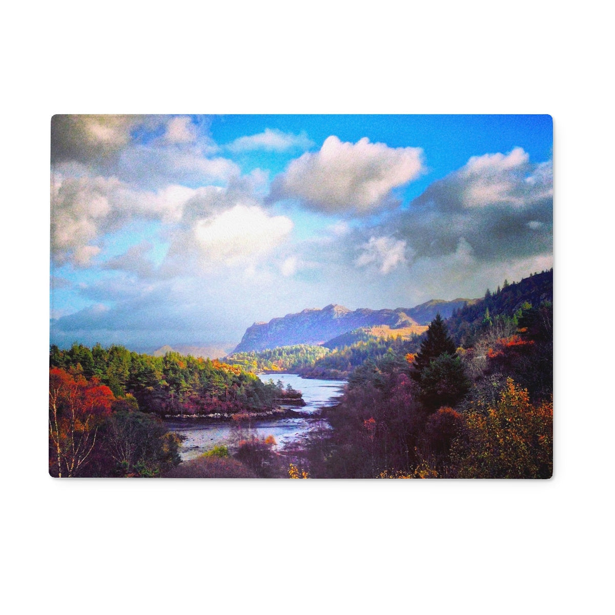 Plockton Glass Chopping Board with Blue Sky and White Clouds Landscape Poster