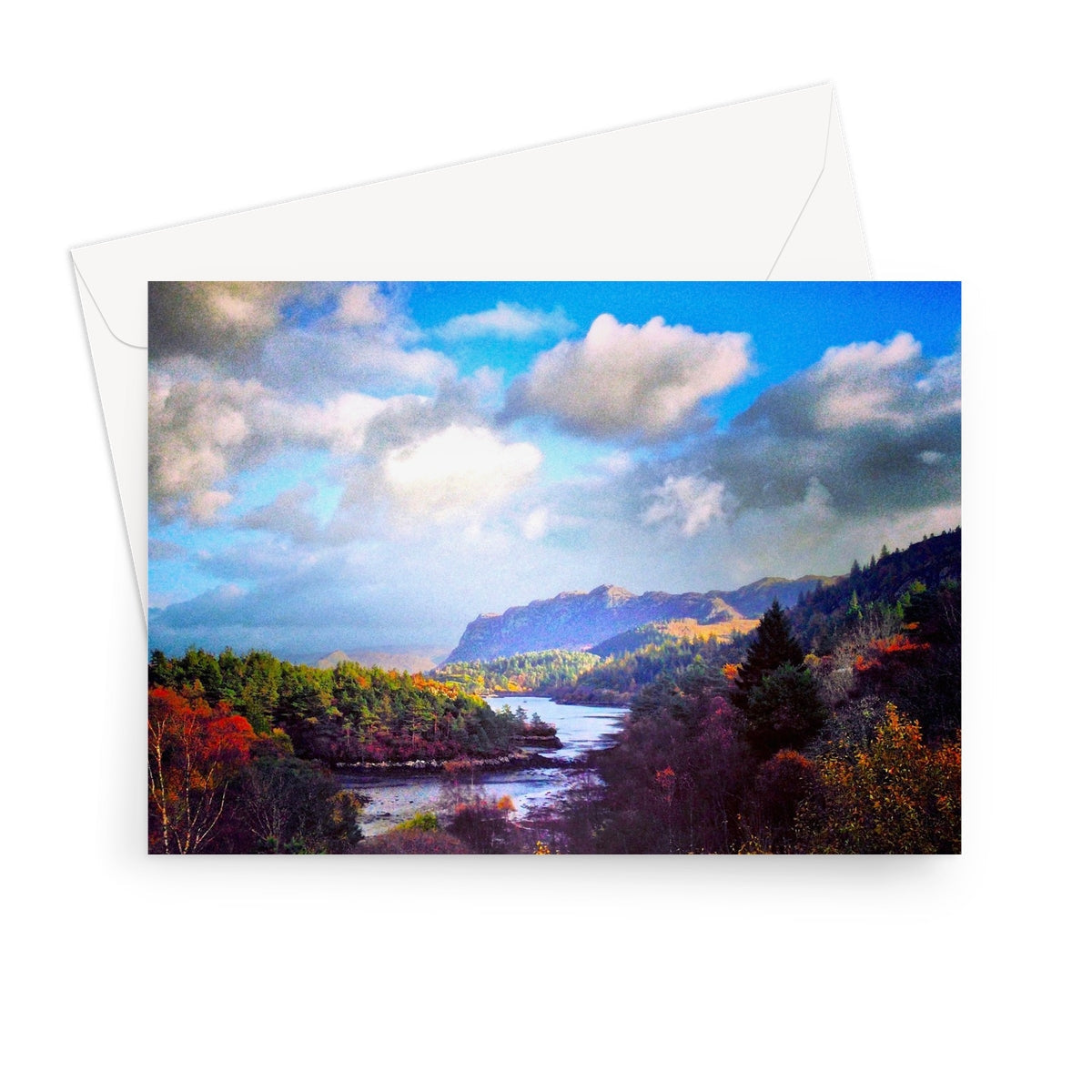 White Plockton greeting card with colorful autumn river and mountain landscape