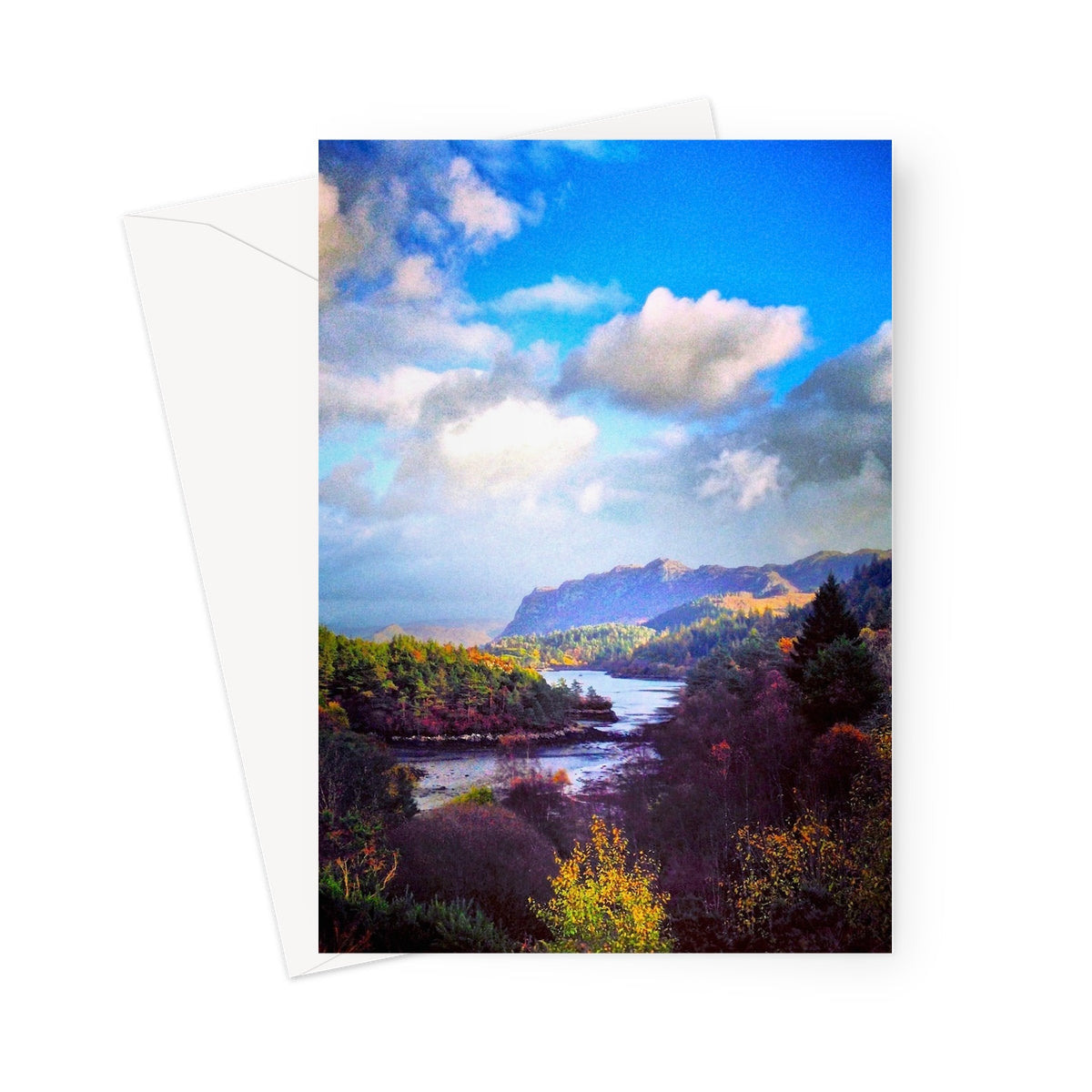 Plockton greeting card with blue sky, autumn foliage and mountains