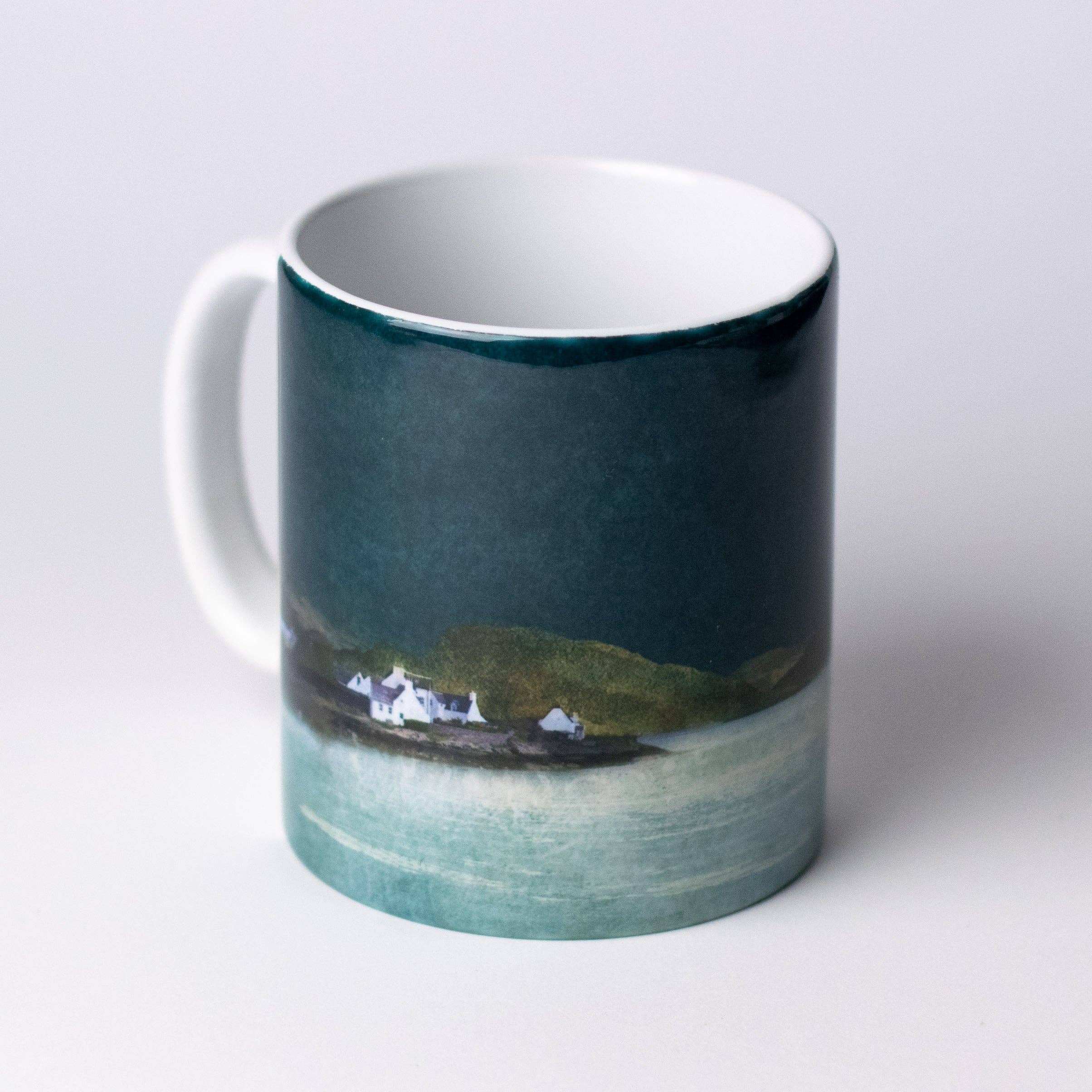 Plockton Mug by Cath Waters: glossy ceramic with Scottish hillside cottages print