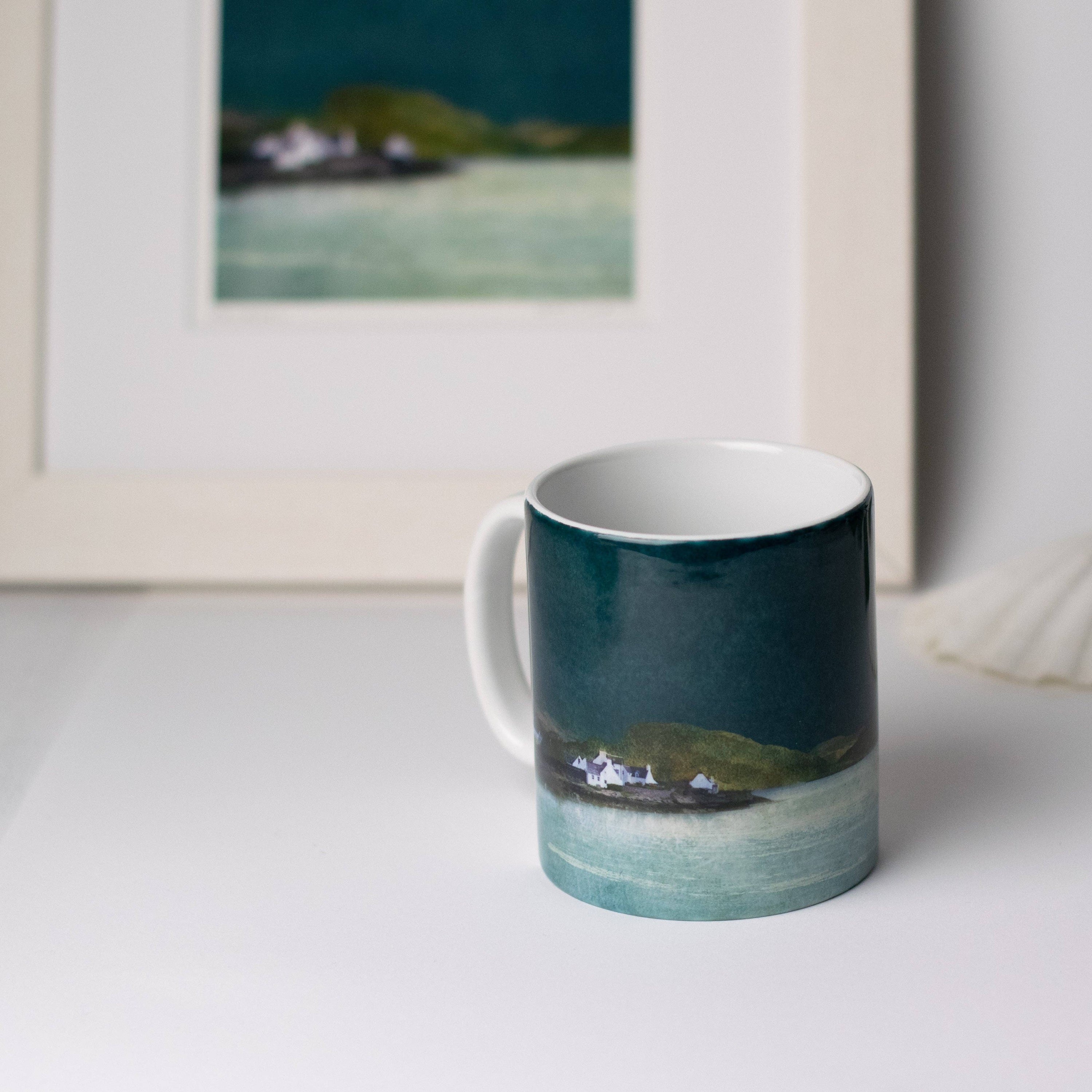 Plockton mug with glossy ceramic finish and teal coastal print