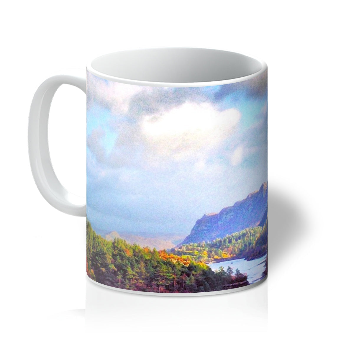 Plockton ceramic mug with mountain landscape design, white handle and rim