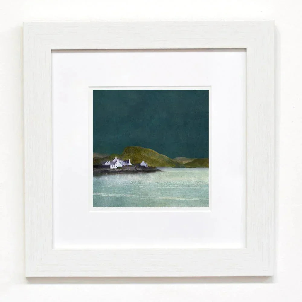 Plockton print: white framed coastal village on green hills, teal sky, turquoise water