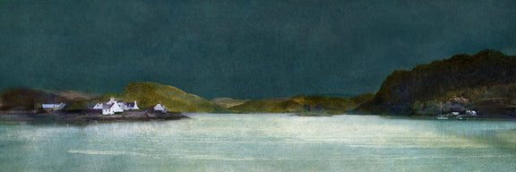 Plockton Print: serene coastal painting of white houses on green hill by calm water under moody sky