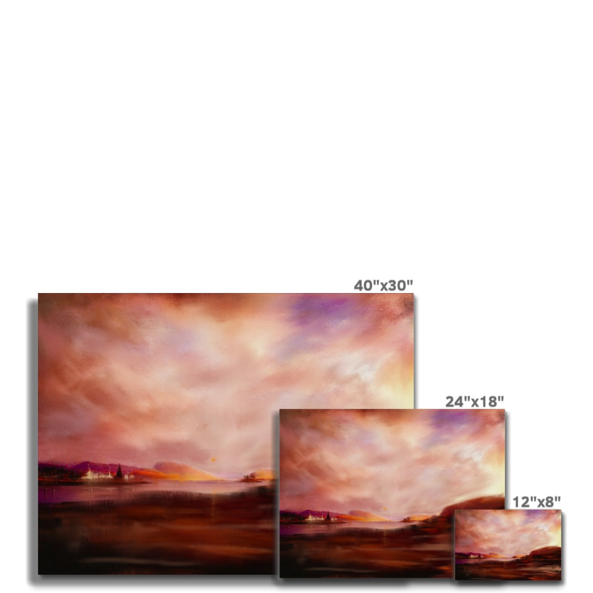 40x30 inch Plockton Sunset landscape canvas print in warm orange, purple, brown hues