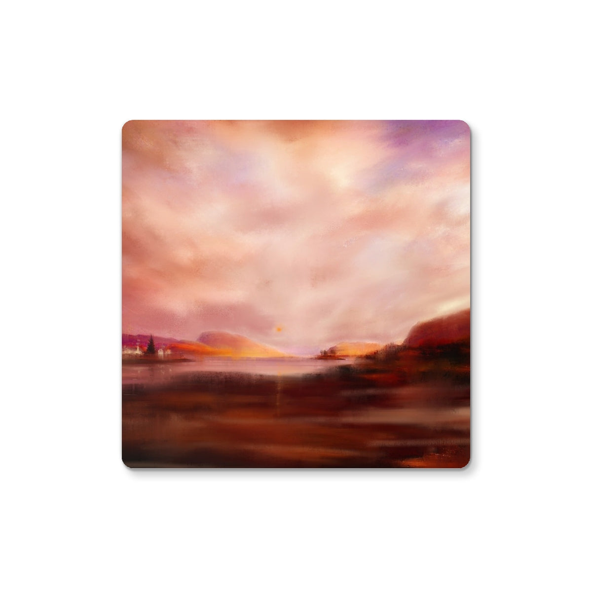Plockton Sunset coaster: pink and purple abstract glossy landscape