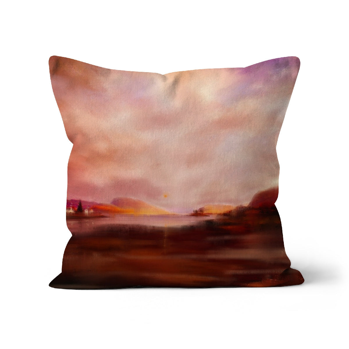 Plockton Sunset Cushion: pastel watercolor landscape pillow