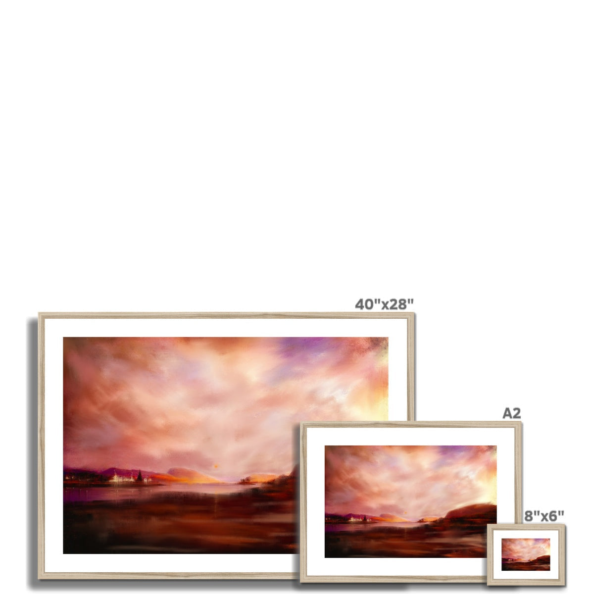 40x28 inch framed Plockton Sunset landscape print in warm earthy tones