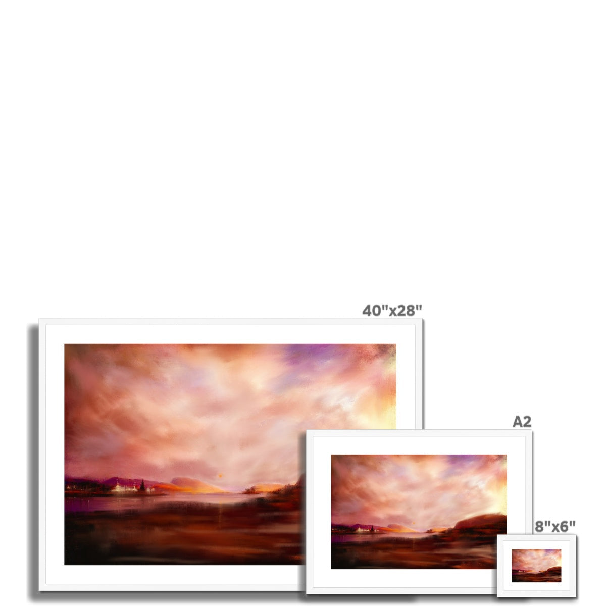 40x28 inch framed Plockton Sunset print with vibrant hues and white matte