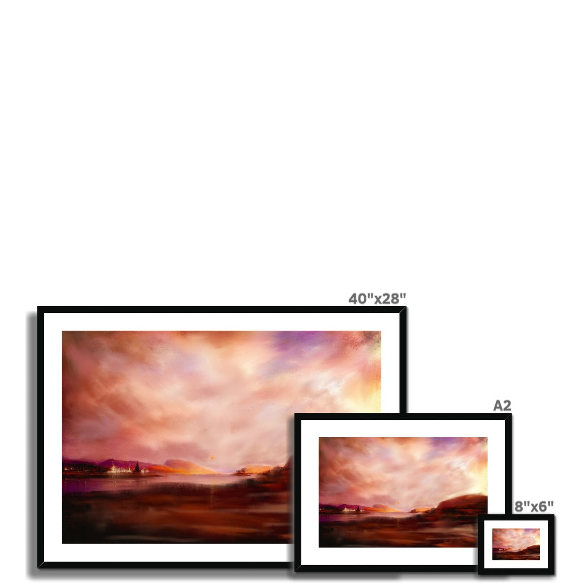 40x28 inch framed Plockton Sunset landscape print with vibrant hues and black frame