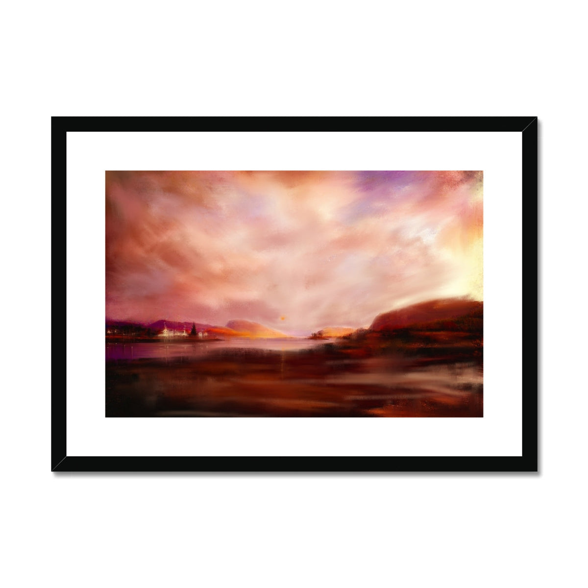 Black framed Plockton Sunset canvas print with warm abstract hues