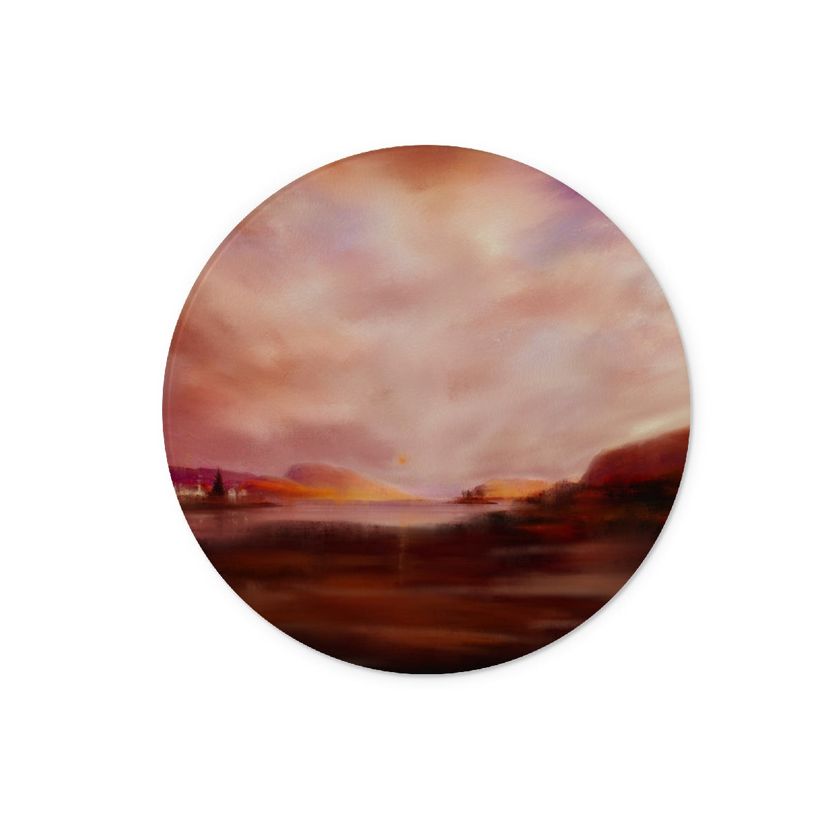 Plockton Sunset circular sticker on glass chopping board with abstract landscape in muted earth tones