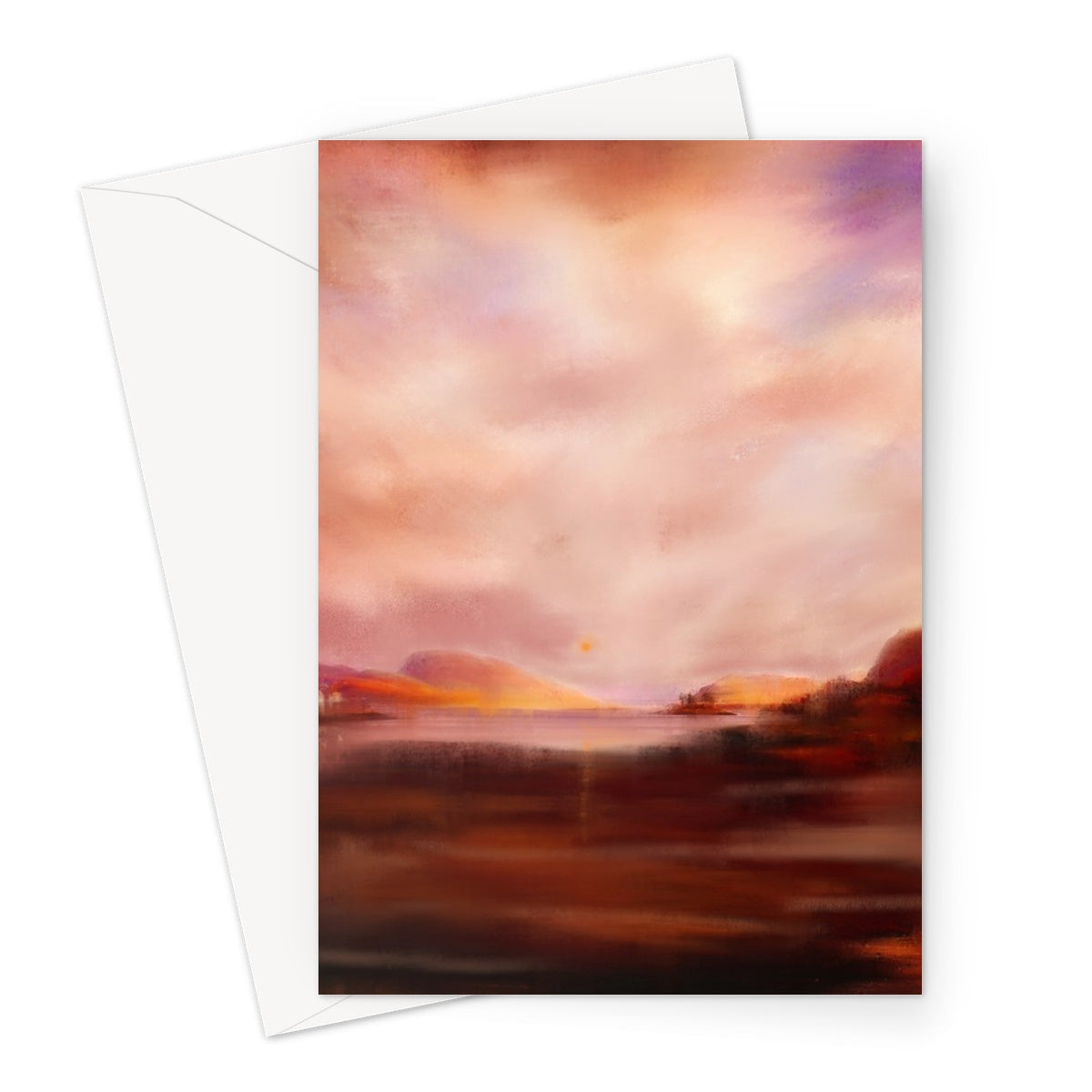 Plockton Sunset Greeting Card with pink orange abstract landscape and envelope