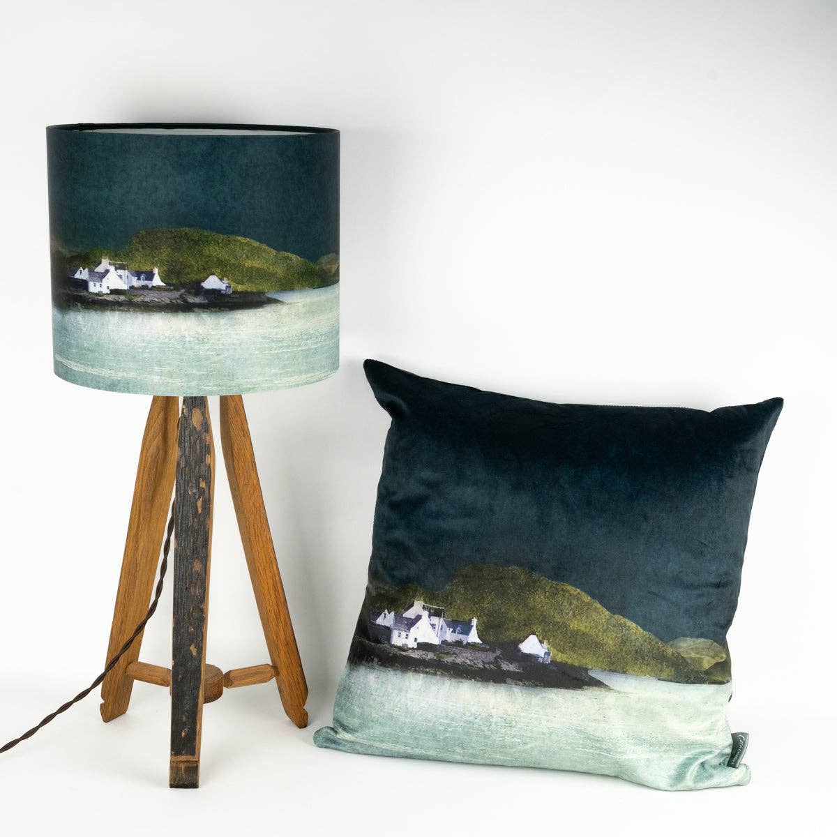 Dark teal velvet plockton cushion featuring a printed coastal village scene with white houses and green hills