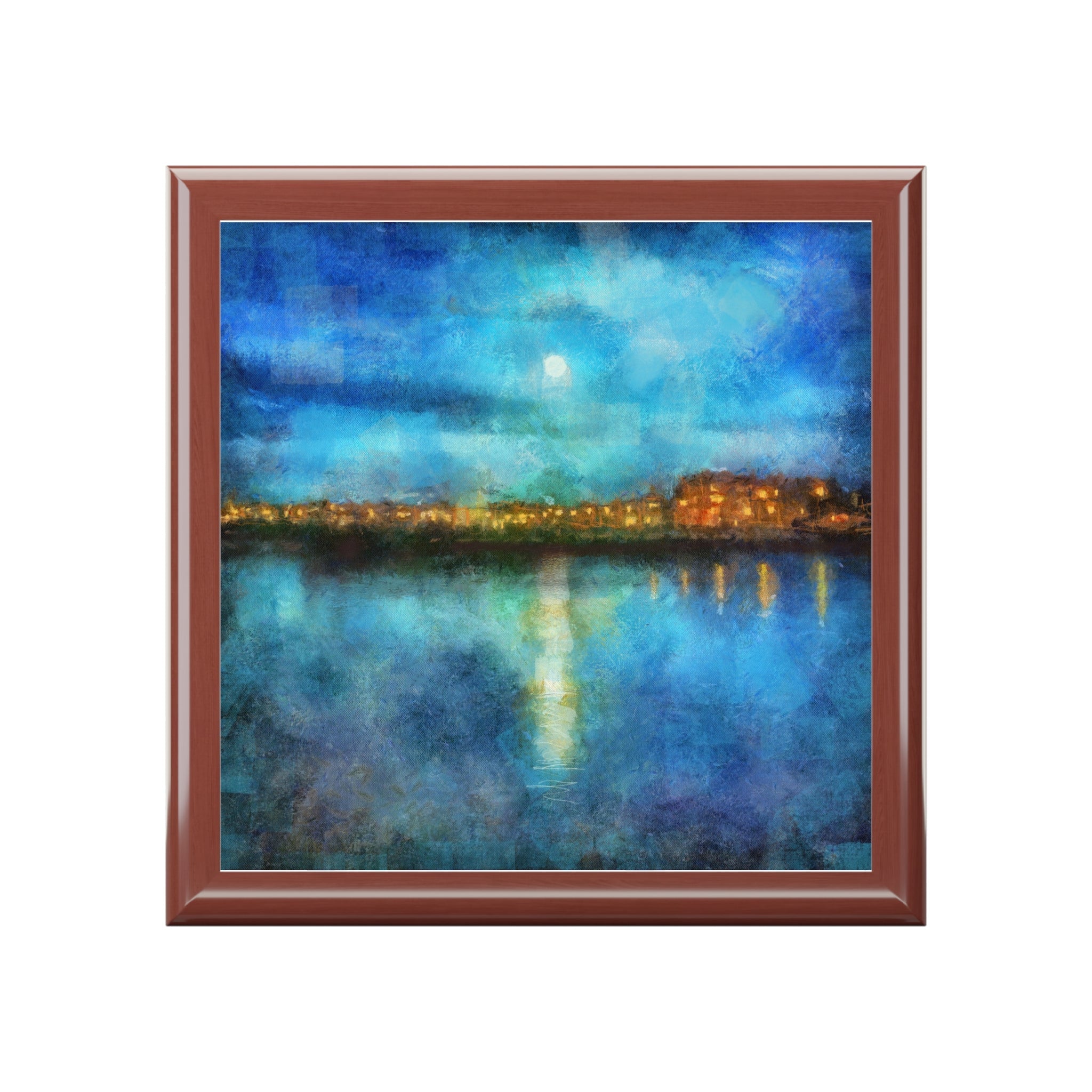Framed impressionistic moonlit cityscape over water on Portobello Moonlight Art Jewellery Box