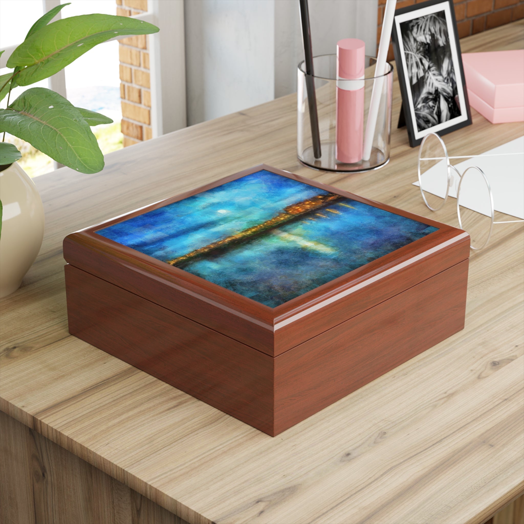 Wooden keepsake box with vibrant impressionistic pier sunset painting lid Scotland