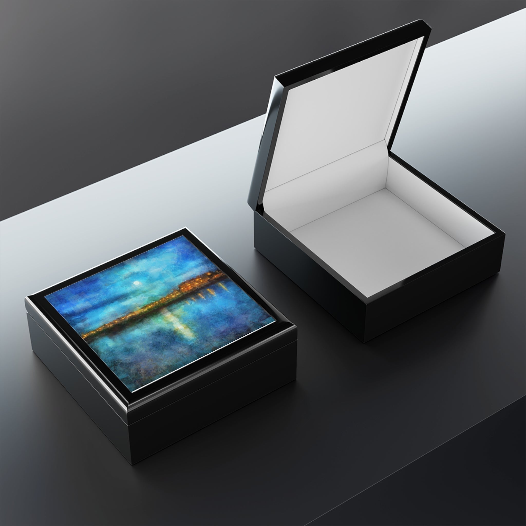 Black lacquered Portobello Moonlight art jewellery boxes with landscape painting and white interior