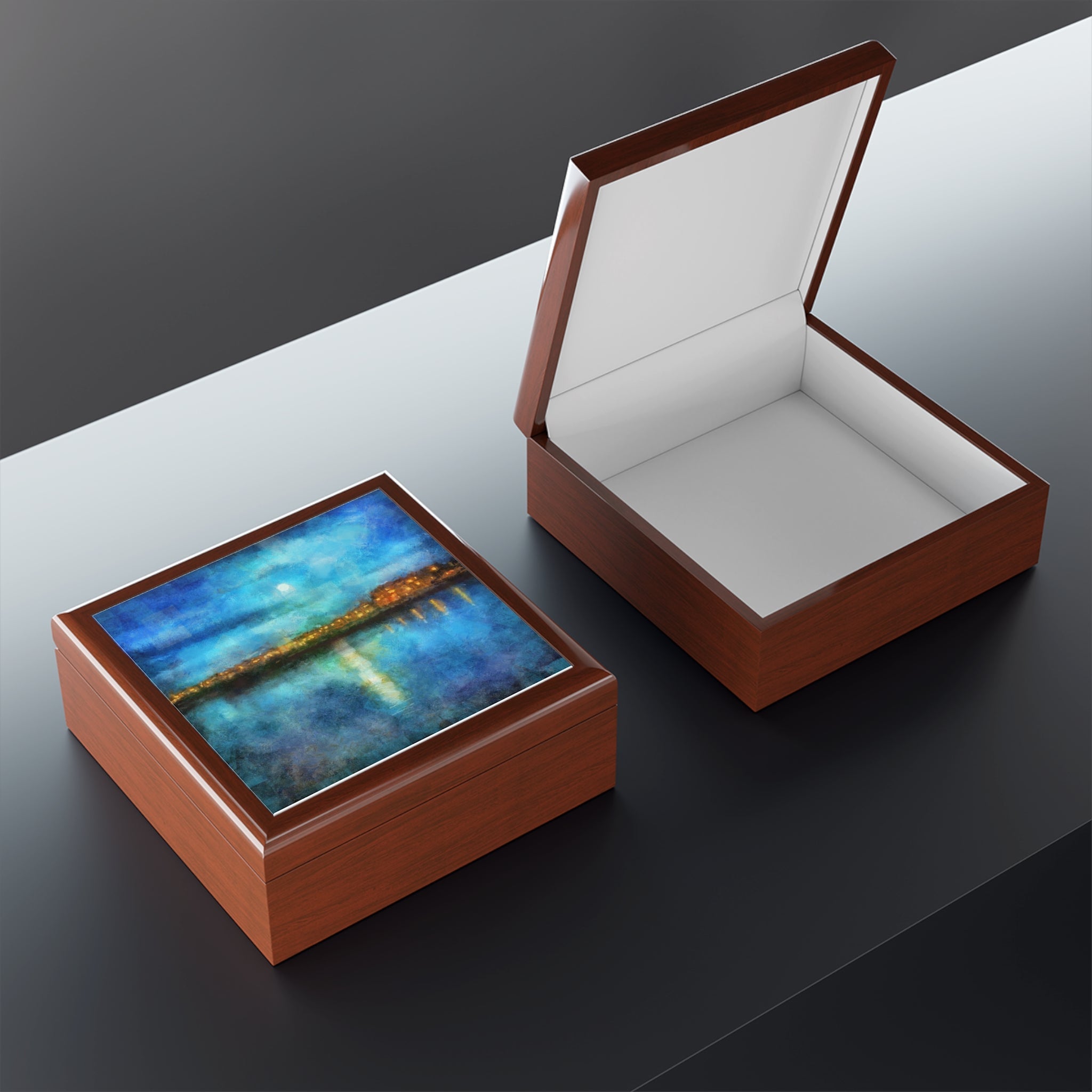 Portobello Moonlight Art Jewellery Box Scotland with landscape painting and white interior