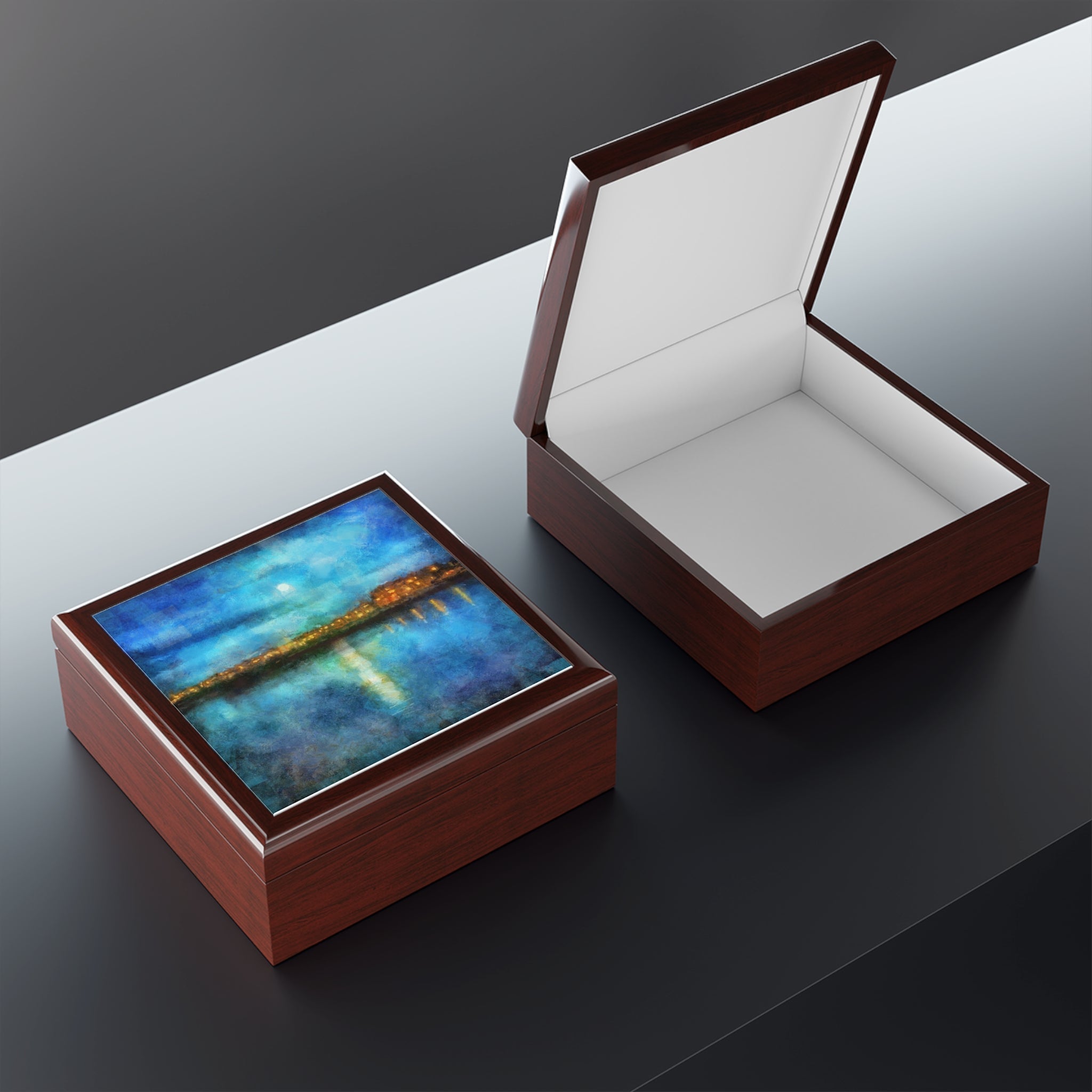 Two wooden Portobello Moonlight art jewellery boxes, one open and one closed with scenic blue and gold lid