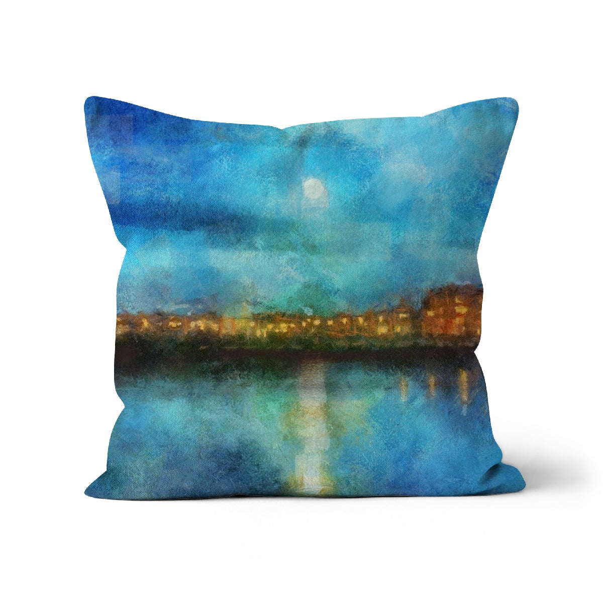 Blue watercolor cityscape throw pillow from Portobello Moonlight Cushion collection