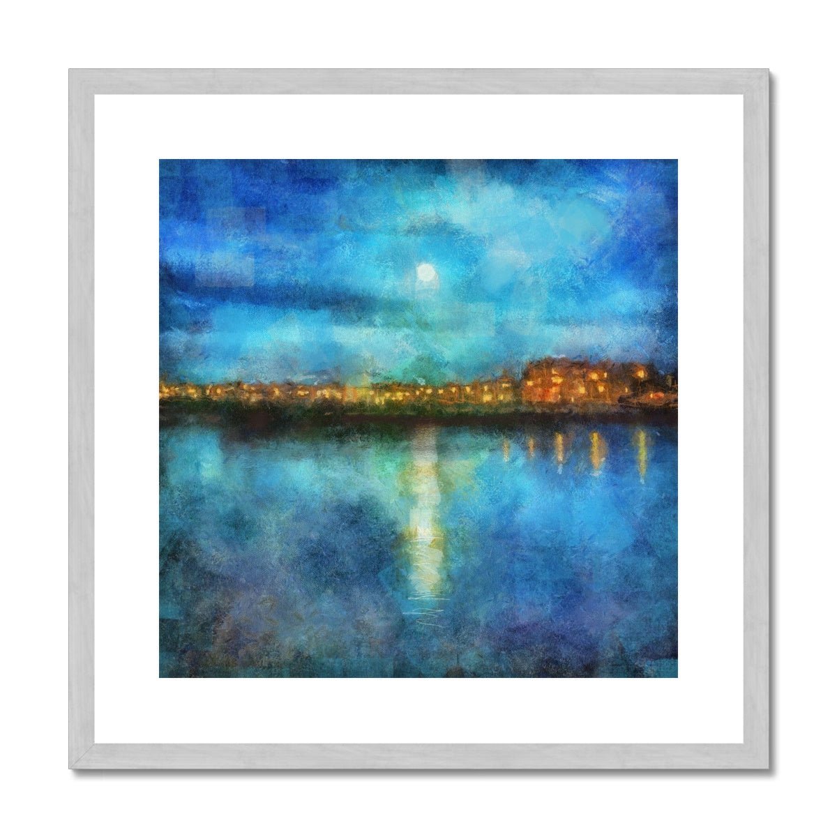 Portobello Moonlight Edinburgh Painting | Antique Framed & Mounted Prints From Scotland-Antique Framed & Mounted Prints-Edinburgh & Glasgow Art Gallery-20"x20"-Silver Frame-Paintings, Prints, Homeware, Art Gifts From Scotland By Scottish Artist Kevin Hunter