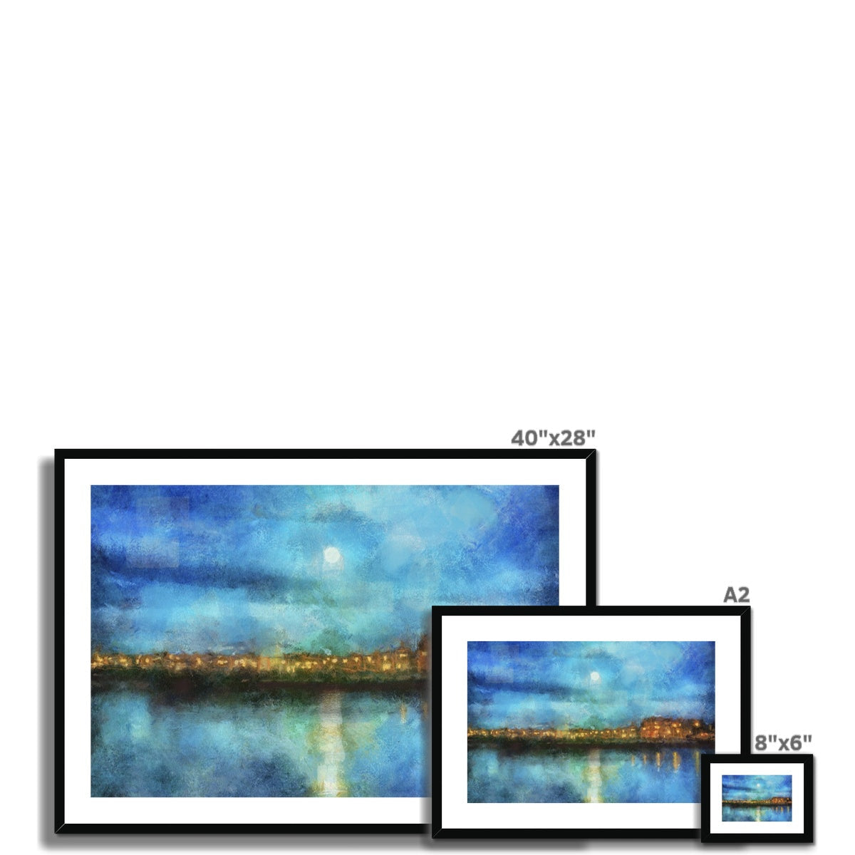 Three framed moonlit waterscape paintings featured in the Portobello Moonlight print display