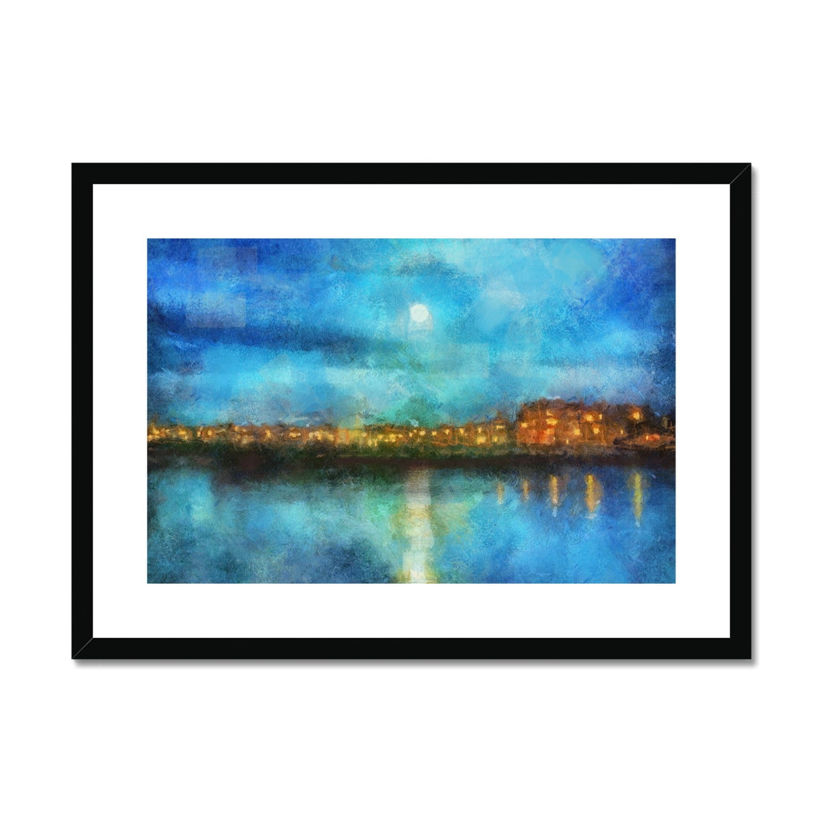 Framed impressionist moonlit cityscape reflecting on water in Portobello Moonlight Print