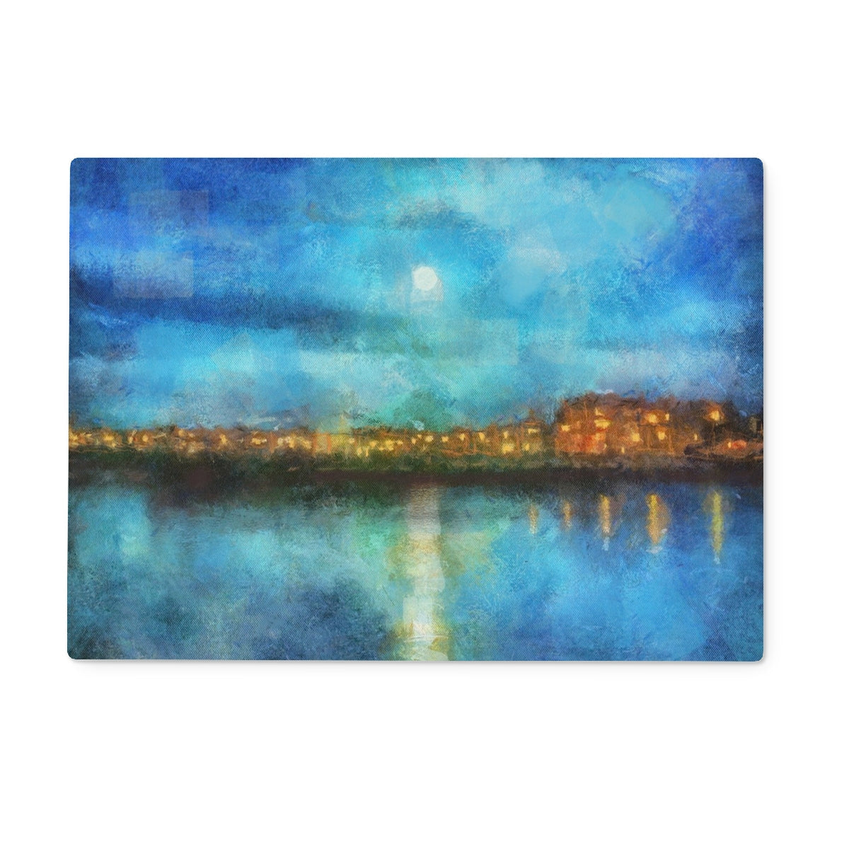 Canvas print of a waterfront city at night under a moonlit sky on Portobello Moonlight Glass Chopping Board