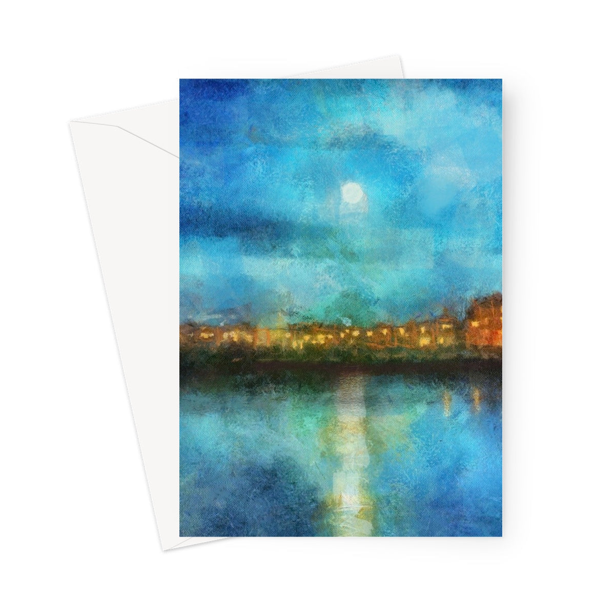 Blue and white watercolor Portobello Moonlight cityscape greeting card