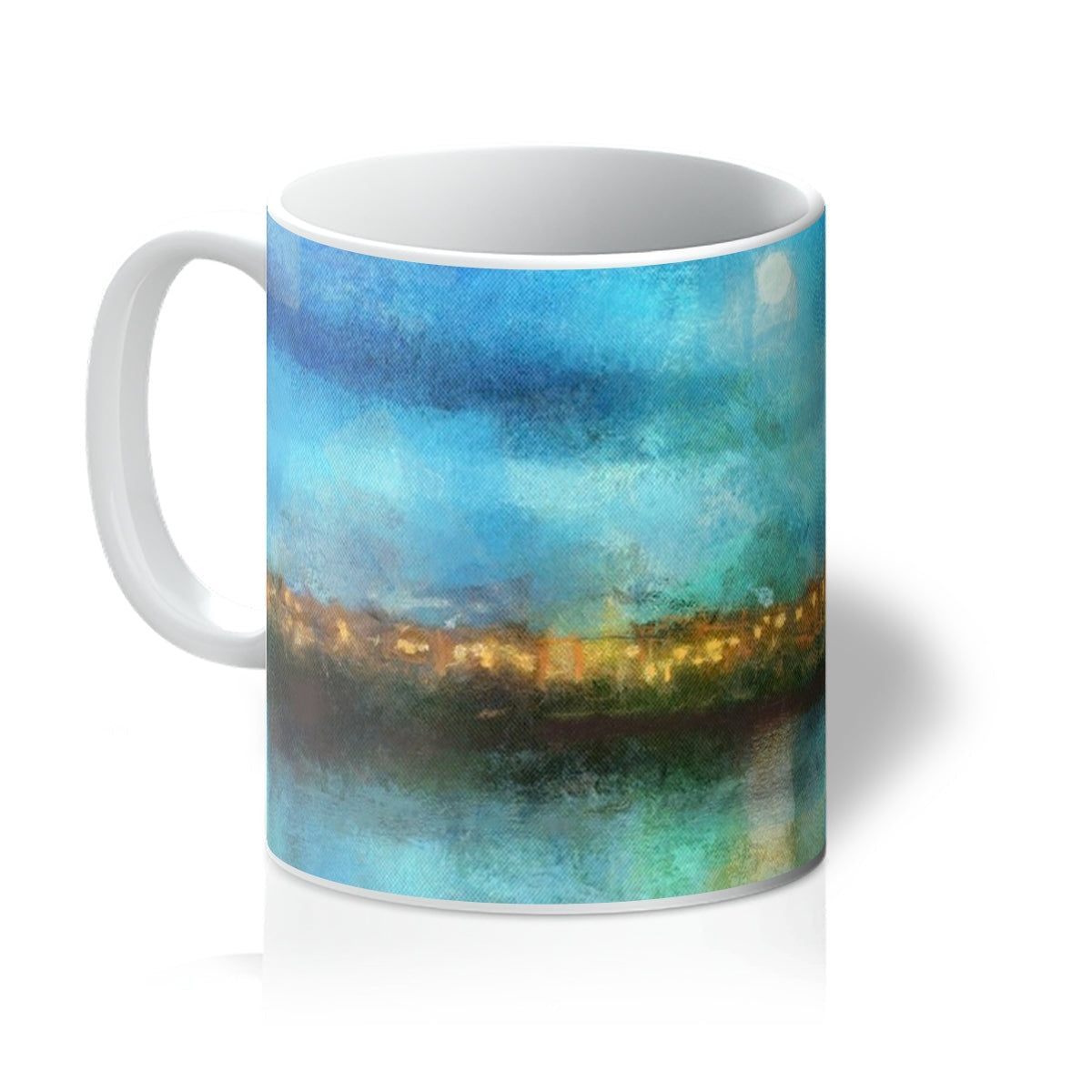 Portobello Moonlight Mug with blue-green watercolor design and white handle