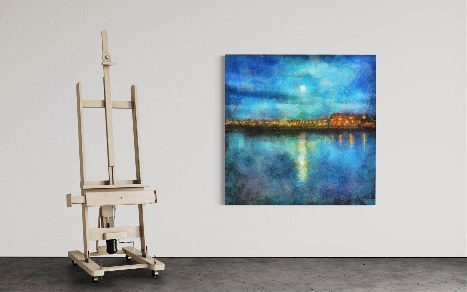 Wooden artist’s easel on wheels from Portobello Moonlight Scottish wall art collection