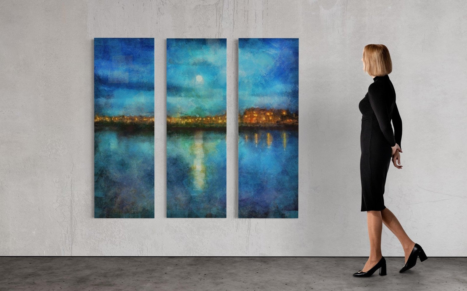 Portobello Moonlight Triptych nighttime cityscape reflected in water Scotland wall art