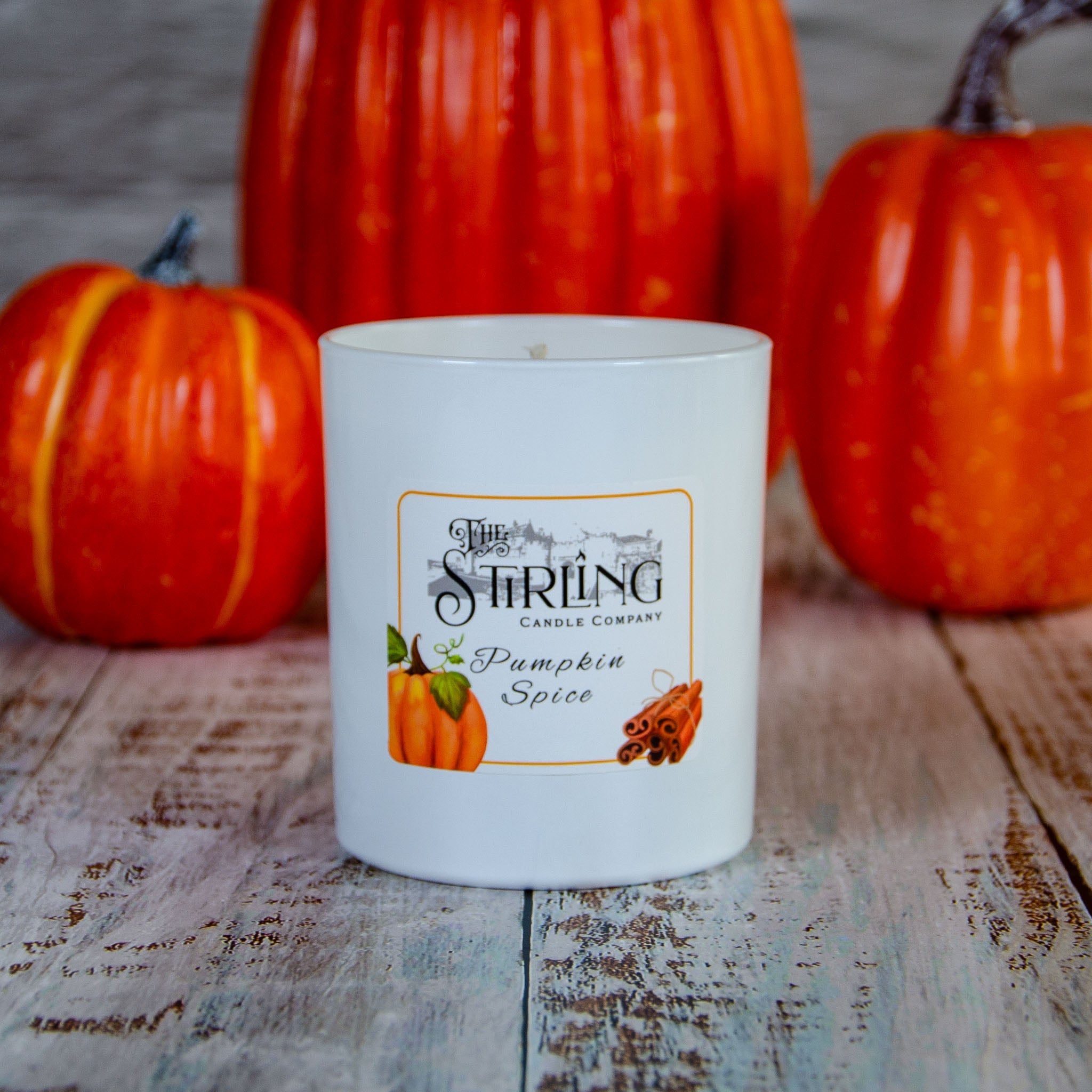 Pumpkin Spice large candle from The Stirling Candle Company with pumpkin and cinnamon illustrations