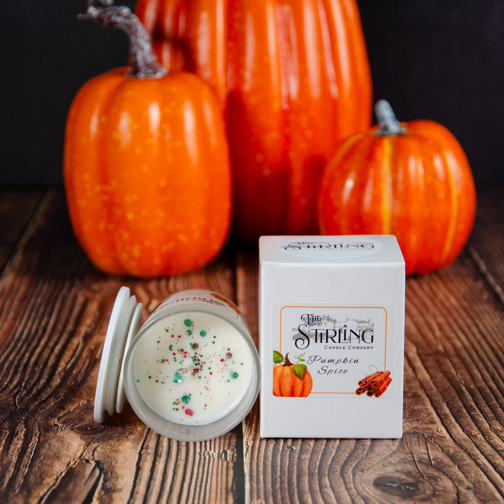 White ceramic pumpkin spice candle jar with speckled lid by Stirling Candle Company