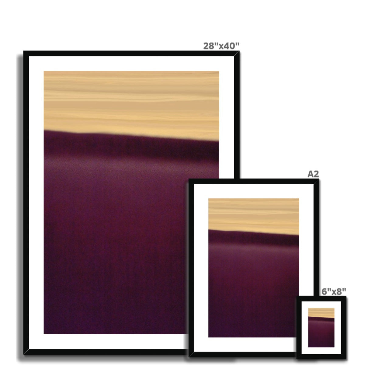 Black-framed abstract print of golden yellow to purple gradient sunset