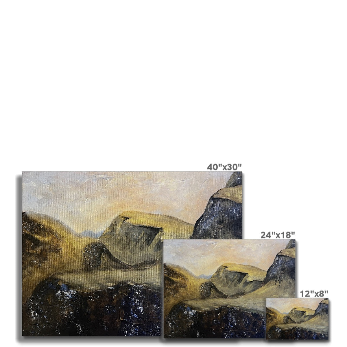 Abstract landscape painting of mountains and sky on The Quiraing Canvas product