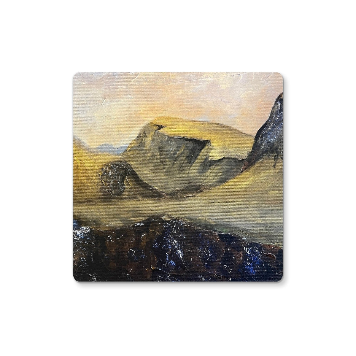 Landscape painting of mountains and water with visible brushstrokes on The Quiraing Coaster