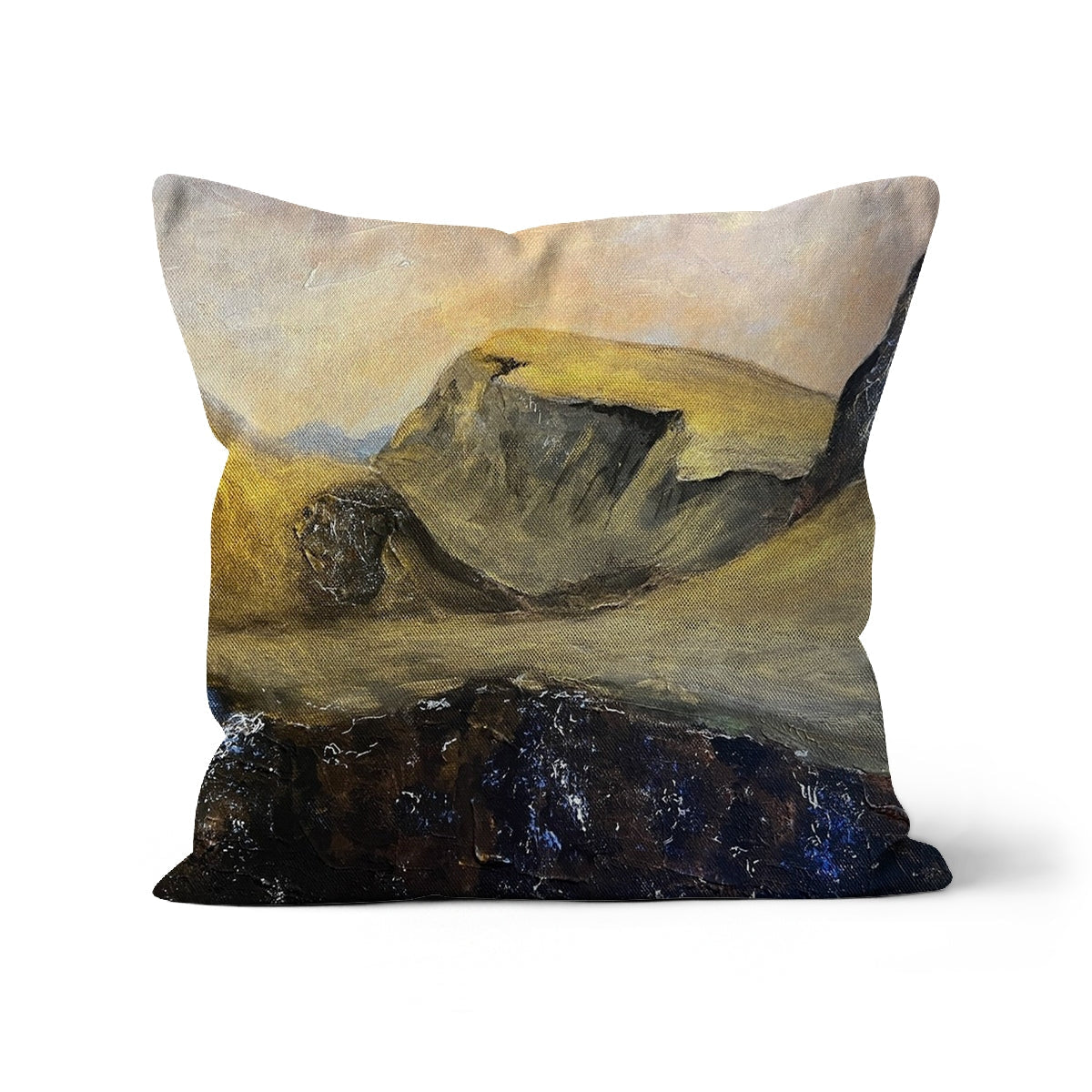 The Quiraing Cushion featuring a decorative pillow with an abstract landscape painting of hills and dark foreground elements